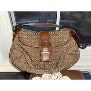 Coach Brown Signature Canvas Shoulder Bag with Leather Trim